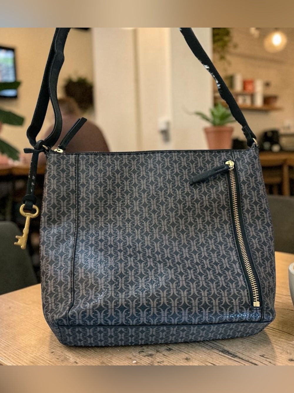 Fossil Signature Monogram Hobo Crossbody Bag Black Logo Key Charm Y2K